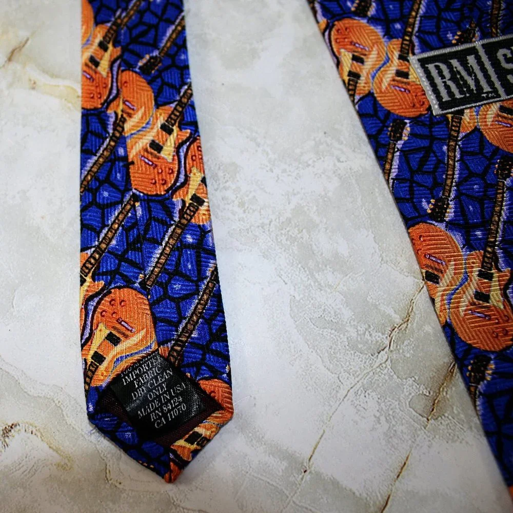 RALPH MARLIN Les Paul Guitar Neck Tie Musical Stripe Blue Silk Necktie